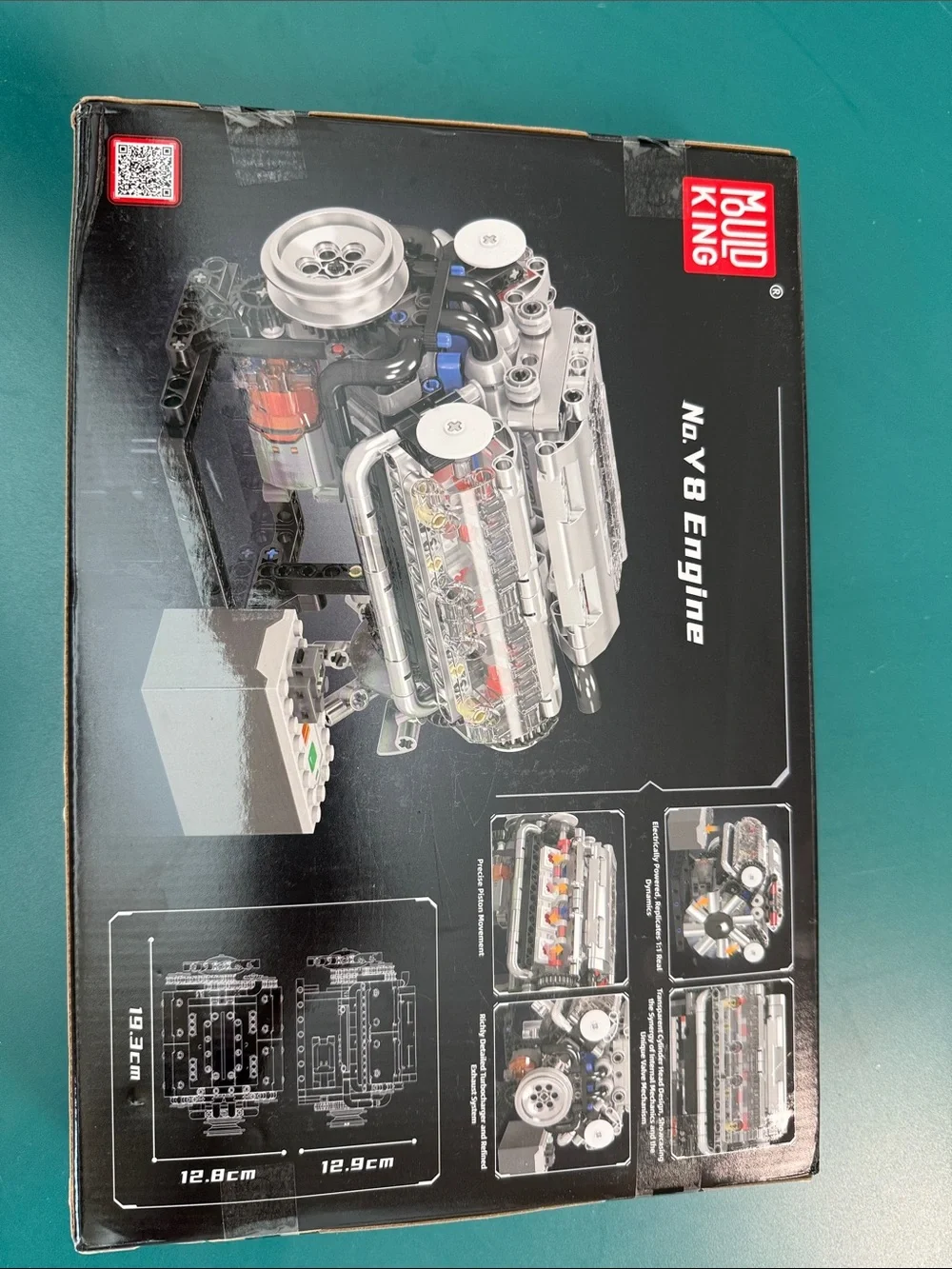 Mould King V8 Engine Building Set - Black Box with Turquoise Background